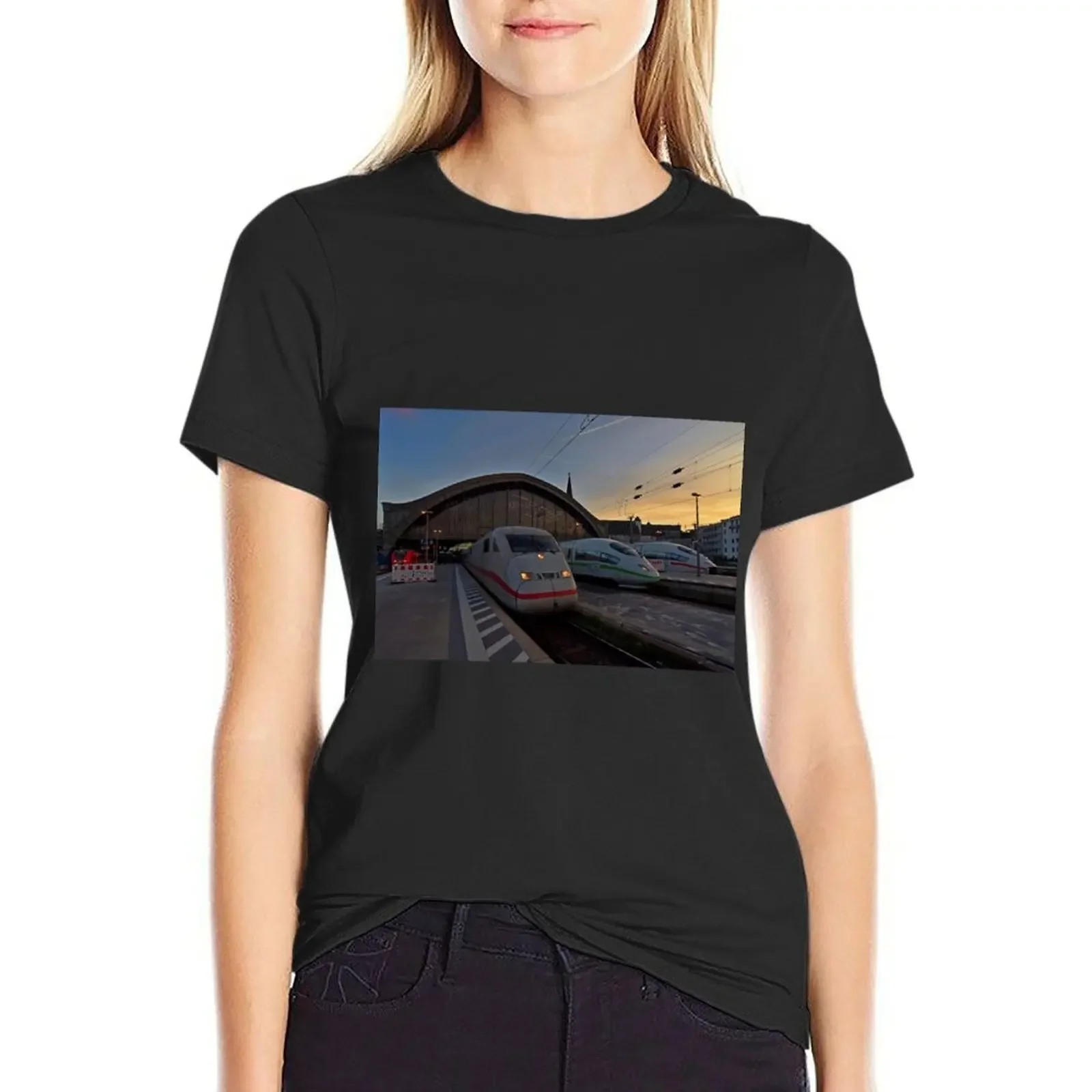 An ICE High Speed train line up at Cologne HBF station, Germany T-Shirt female tops Top Women
An ICE High Speed train line up at Cologne HBF station, Germany T-Shirt female tops Top Women