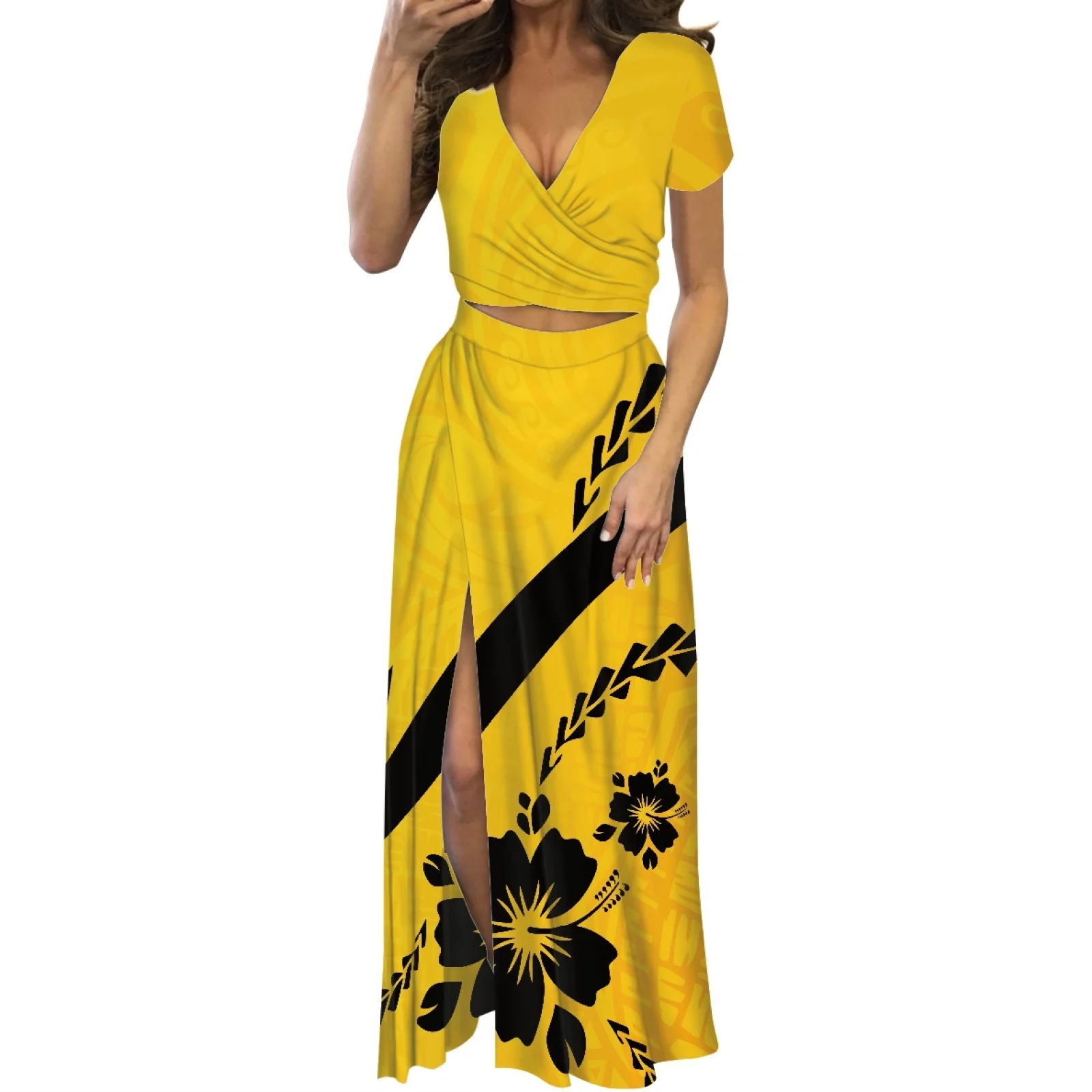 Yellow Polynesian Print Ladies Sexy Elegant Party Two-piece Dress Selling V-neck Short Sleeve Floor-length Dress
Yellow Polynesian Print Ladies Sexy Elegant Party Two-piece Dress Selling V-neck Short Sleeve Floor-length Dress