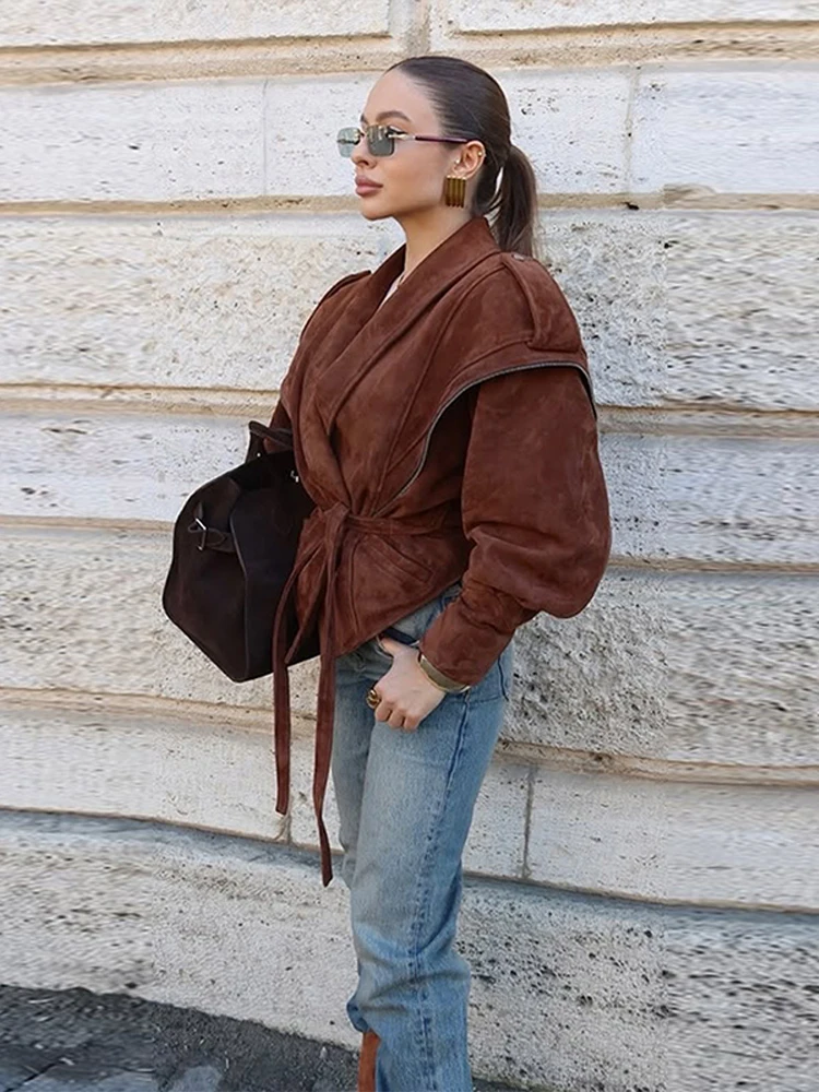 Women Vintage Solid Faux Suede Coat Long Sleeve Motorcycle Jacket With Belt Autumn Female Fashion High Street Outerwear 2025
Women Vintage Solid Faux Suede Coat Long Sleeve Motorcycle Jacket With Belt Autumn Female Fashion High Street Outerwear 2025
