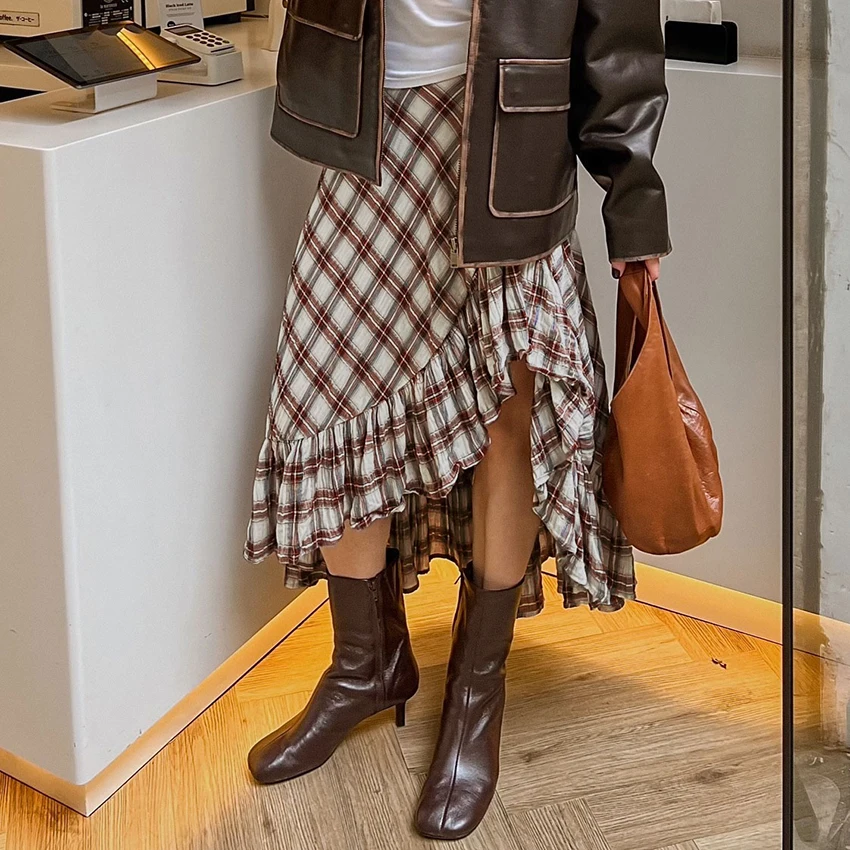 Linad повседневные асимметричные клетчатые юбки с оборками, уличная шикарная юбка с высокой талией для женщин, летние повседневные хлопковые юбки до середины икры 2025 
Linad повседневные асимметричные клетчатые юбки с оборками, уличная шикарная юбка с высокой талией для женщин, летние повседневные хлопковые юбки до середины икры 2025