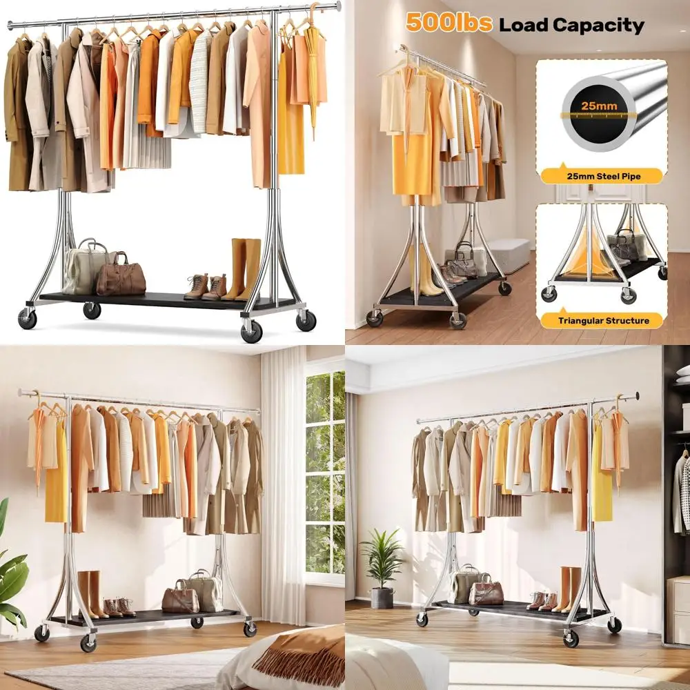 Portable Adjustable Height Wooden Clothing Rack with Lockable Wheels and Shelves, 500LBS Capacity, Garment Closet Organizer
Portable Adjustable Height Wooden Clothing Rack with Lockable Wheels and Shelves, 500LBS Capacity, Garment Closet Organizer