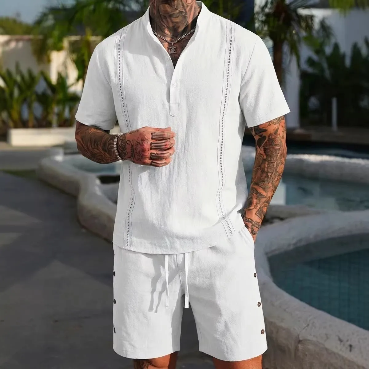 Fashion Men Solid Henley Neck Cotton Linen Short Sleeve Shirt Elastic Shorts Set Breathable Casual Summer 2 Piece Daily Outfit
Fashion Men Solid Henley Neck Cotton Linen Short Sleeve Shirt Elastic Shorts Set Breathable Casual Summer 2 Piece Daily Outfit