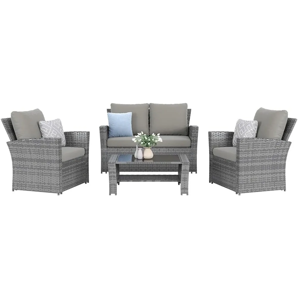 4-Piece Grey Waterproof PE Wicker Outdoor Sectional Sofa Set with Grey Cushions,All-Weather Patio Furniture for Balcony, Porch,
4-Piece Grey Waterproof PE Wicker Outdoor Sectional Sofa Set with Grey Cushions,All-Weather Patio Furniture for Balcony, Porch,