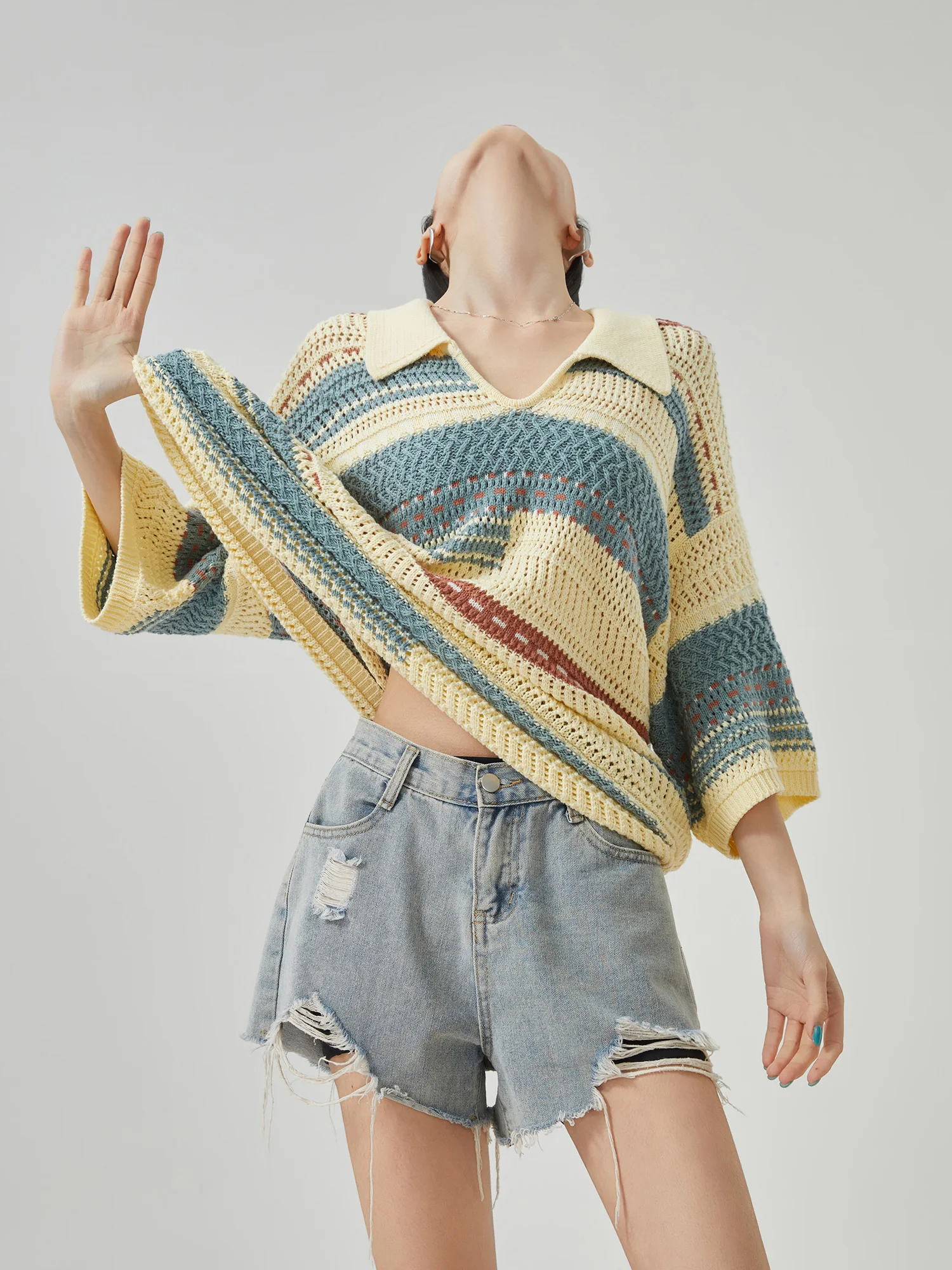 Retro Color Block Neck Hollow out Short Sleeve Knitted Top Women's Thin Loose Casual Lazy Style T-Shirt Upper Body
Retro Color Block Neck Hollow out Short Sleeve Knitted Top Women's Thin Loose Casual Lazy Style T-Shirt Upper Body