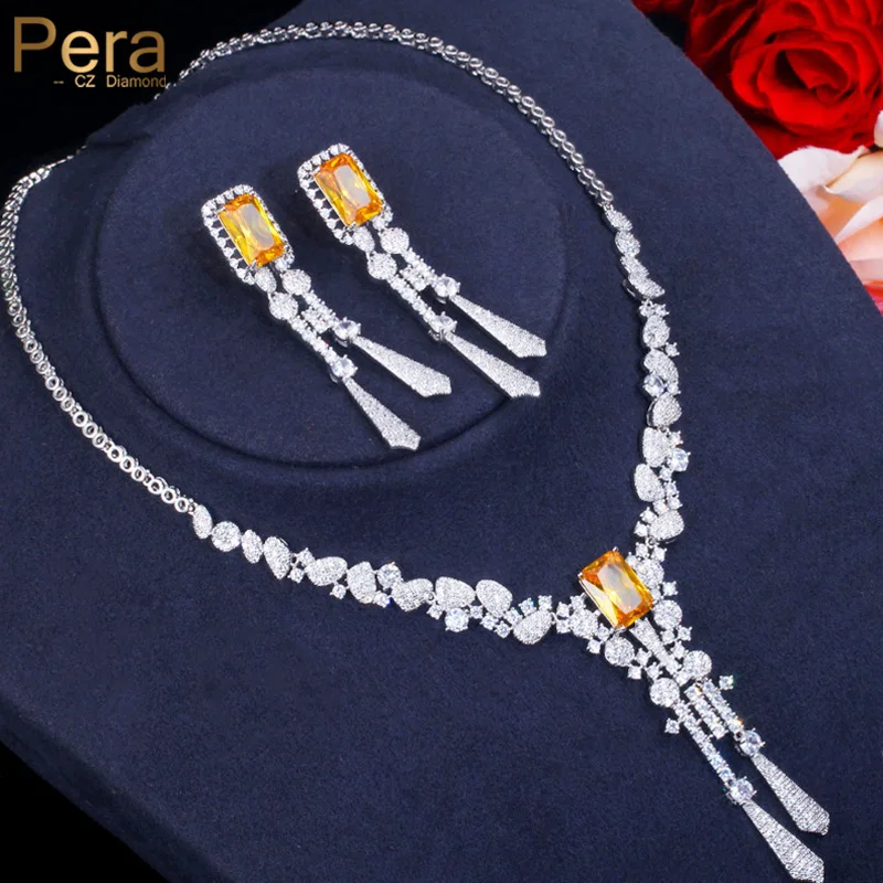 Pera Shiny Yellow White CZ Long Dangle Drop Bridal Tassel Earring Necklace Set for Wedding Party Costume Jewelry Accessory J298
Pera Shiny Yellow White CZ Long Dangle Drop Bridal Tassel Earring Necklace Set for Wedding Party Costume Jewelry Accessory J298