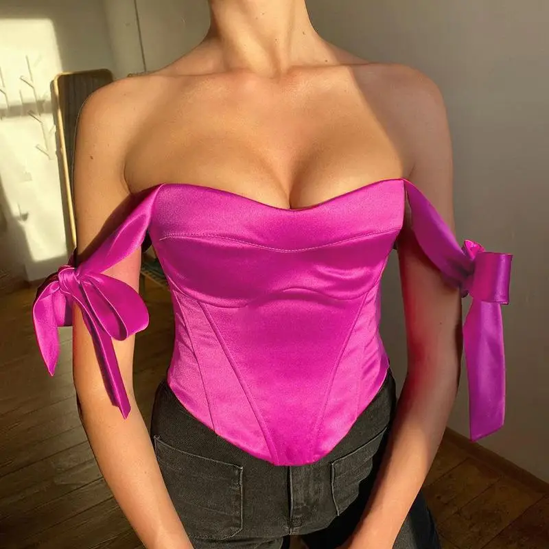 Elegant Satin Women Off-shoulder Vest Sleeveless Backless Bow Tie Crop Tops Boned Corset Tube T-shirt Sexy Party Clothing Summer
Elegant Satin Women Off-shoulder Vest Sleeveless Backless Bow Tie Crop Tops Boned Corset Tube T-shirt Sexy Party Clothing Summer