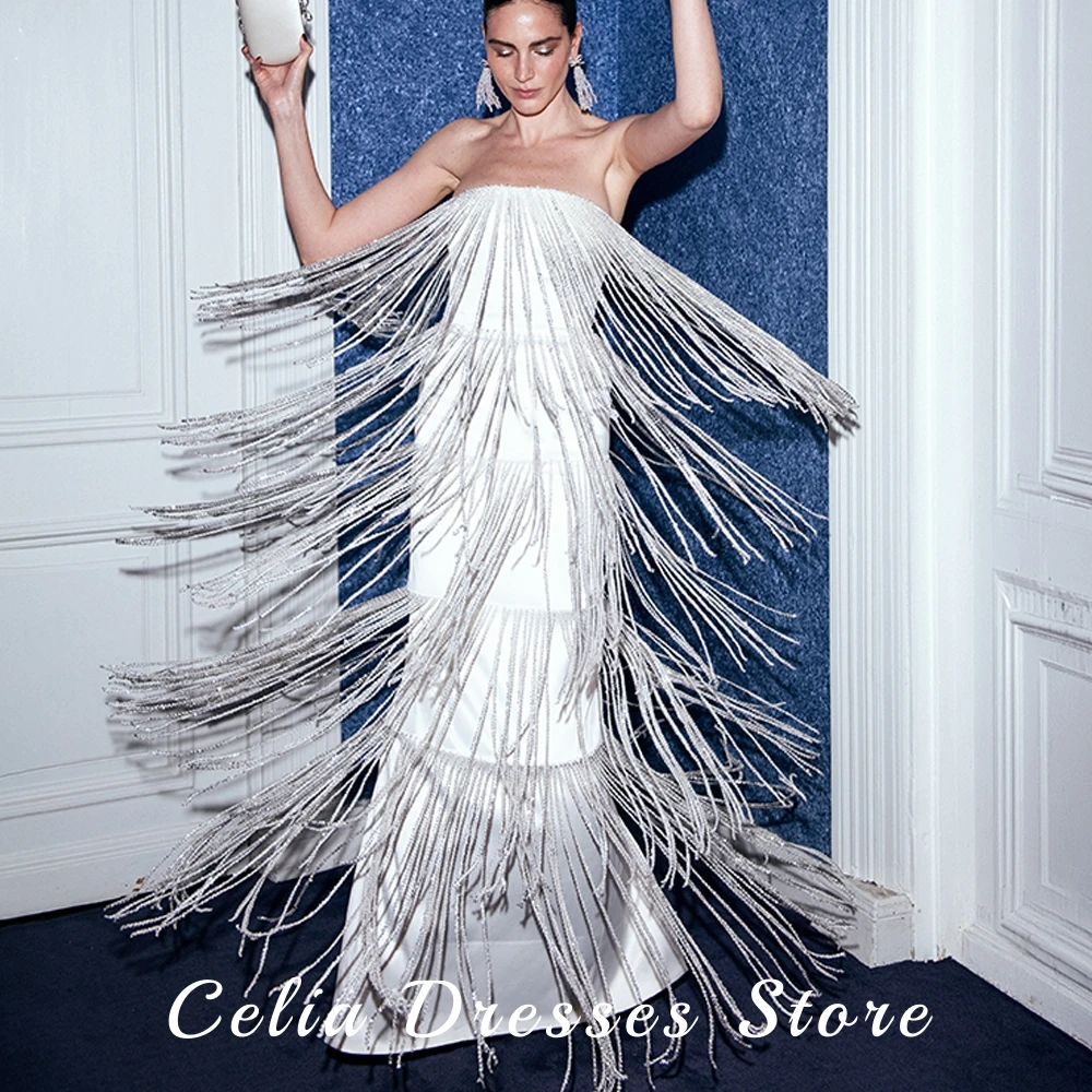 Fashion Mermaid Evening Dress Exquisite Tassel Strapless Customized Celebrity Gowns Sparkly Satin Bridal Party Dresses
Fashion Mermaid Evening Dress Exquisite Tassel Strapless Customized Celebrity Gowns Sparkly Satin Bridal Party Dresses
