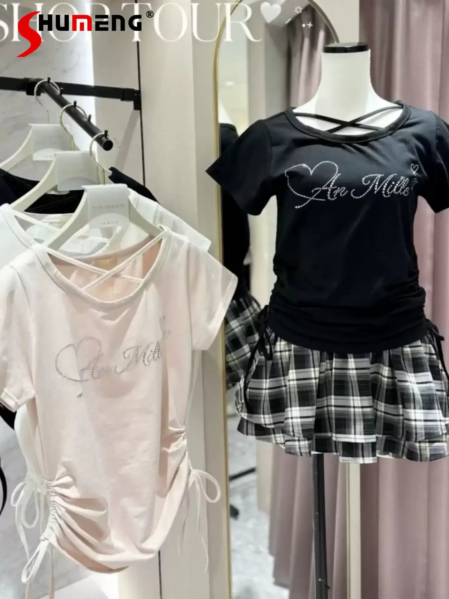 Japanese Elegant Sweet Cute Girl's Heart Letter Top Cross Round Neck Short Sleeve Drawstring Slim T-shirt Tops Women Summer 2026
Japanese Elegant Sweet Cute Girl's Heart Letter Top Cross Round Neck Short Sleeve Drawstring Slim T-shirt Tops Women Summer 2026