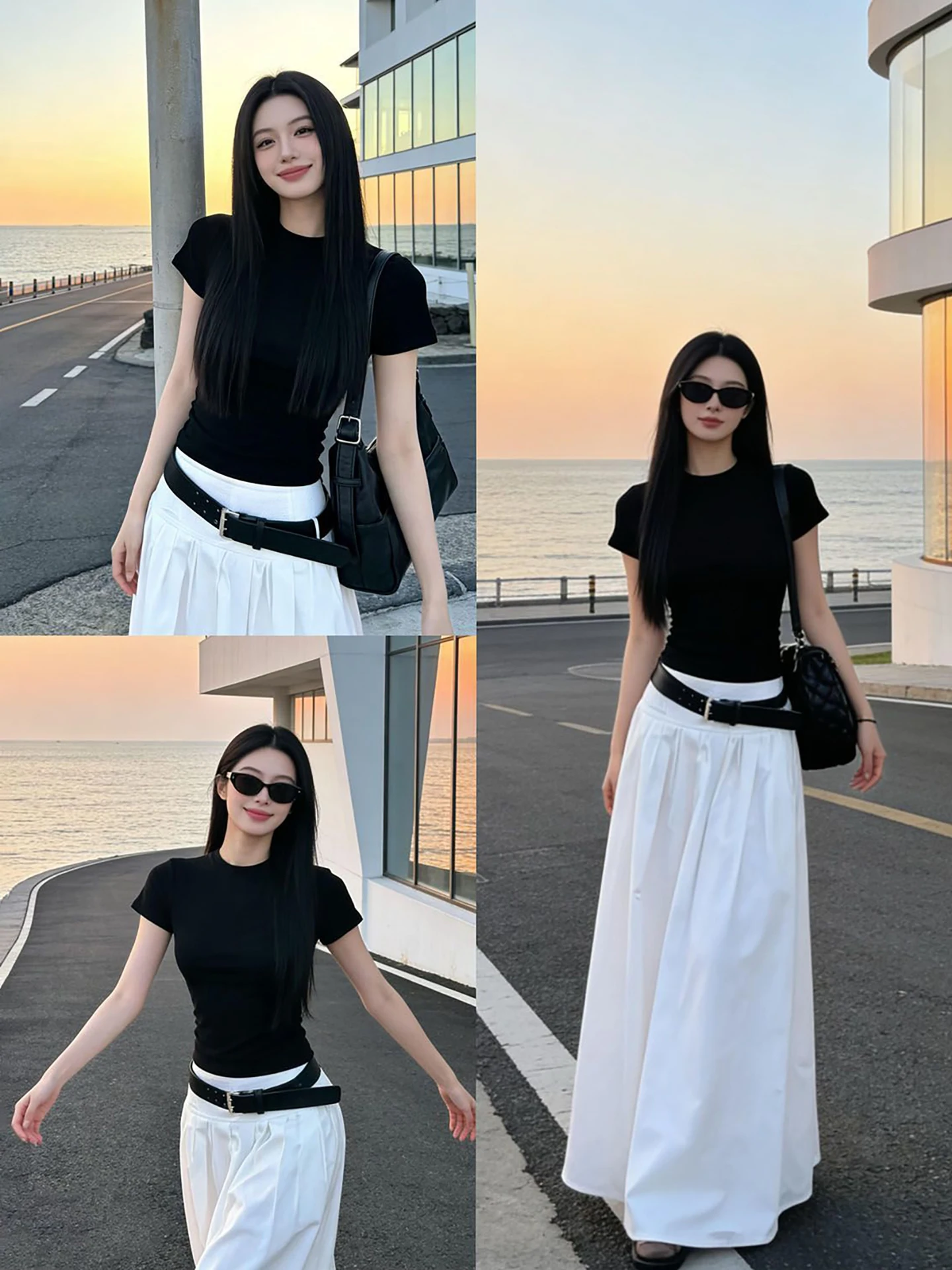 Elegant Black White Contrast Color Matching Set Slim Fit Black Top White Long Skirt with Belt Fashionable Casual Women's Outfit
Elegant Black White Contrast Color Matching Set Slim Fit Black Top White Long Skirt with Belt Fashionable Casual Women's Outfit