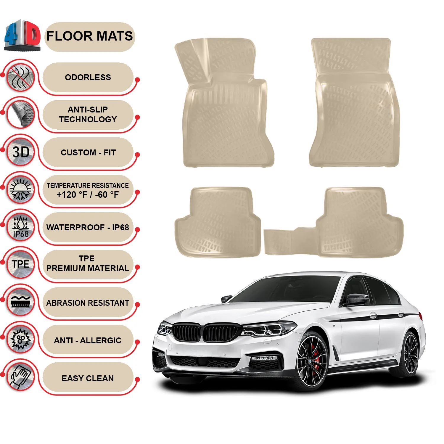 BMW 5 G30 - (2017-2022) Floor Mats Liner Waterproof 3D - (Beige)
BMW 5 G30 - (2017-2022) Floor Mats Liner Waterproof 3D - (Beige)