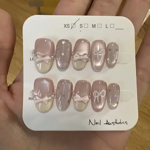 10Pcs Handmade False Nails Tips Short Oval Sweet Cat's Eye Full Cover Fake Nail Art with Bow Star Design French Press on Nails