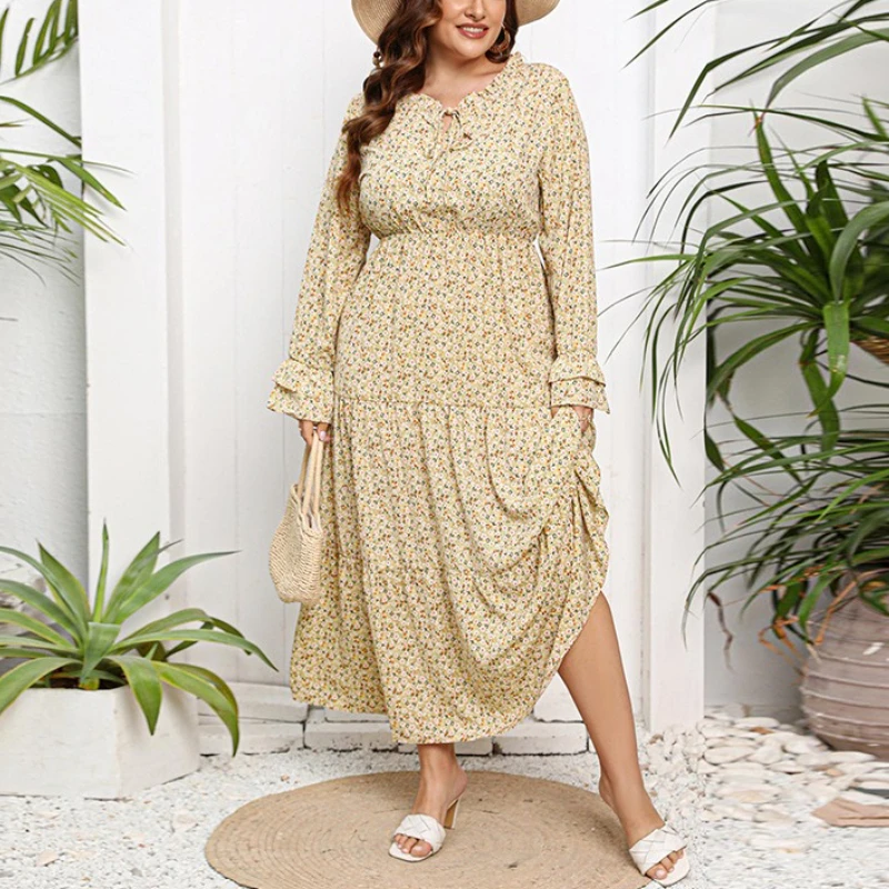 Tinaa Spring Autumn Women's Plus Size Dresses 2025 New French Floral Print Flare Sleeve Lace Up Neck Hight Waist Long Cake Dress
Tinaa Spring Autumn Women's Plus Size Dresses 2025 New French Floral Print Flare Sleeve Lace Up Neck Hight Waist Long Cake Dress