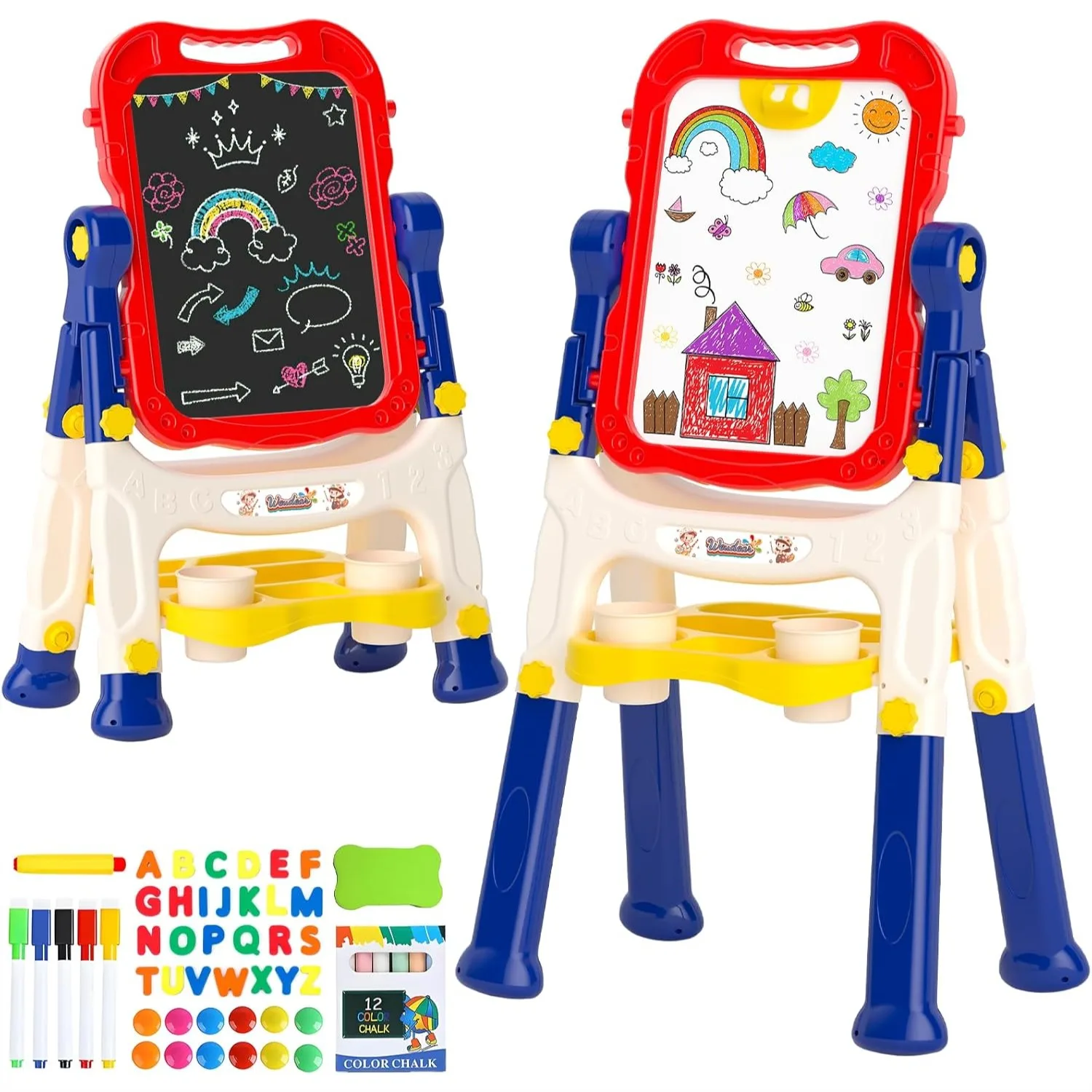 Double-Sided Magnetic Chalkboard and Dry Erase Easel for Kids, Adjustable Height Art Easel with Accessories, Learning Toy for 3
Double-Sided Magnetic Chalkboard and Dry Erase Easel for Kids, Adjustable Height Art Easel with Accessories, Learning Toy for 3
