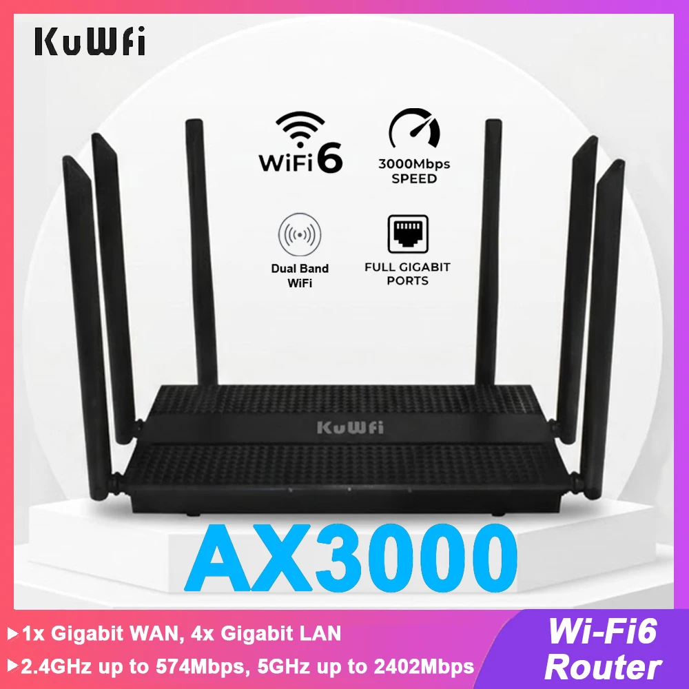 KuWFi AX3000 WiFi6 Router High Speed 2.4GHz 5GHz WiFi Router Gigabit RJ45 Port with 5dBi Antennas AP Repeater MESH VPN
KuWFi AX3000 WiFi6 Router High Speed 2.4GHz 5GHz WiFi Router Gigabit RJ45 Port with 5dBi Antennas AP Repeater MESH VPN