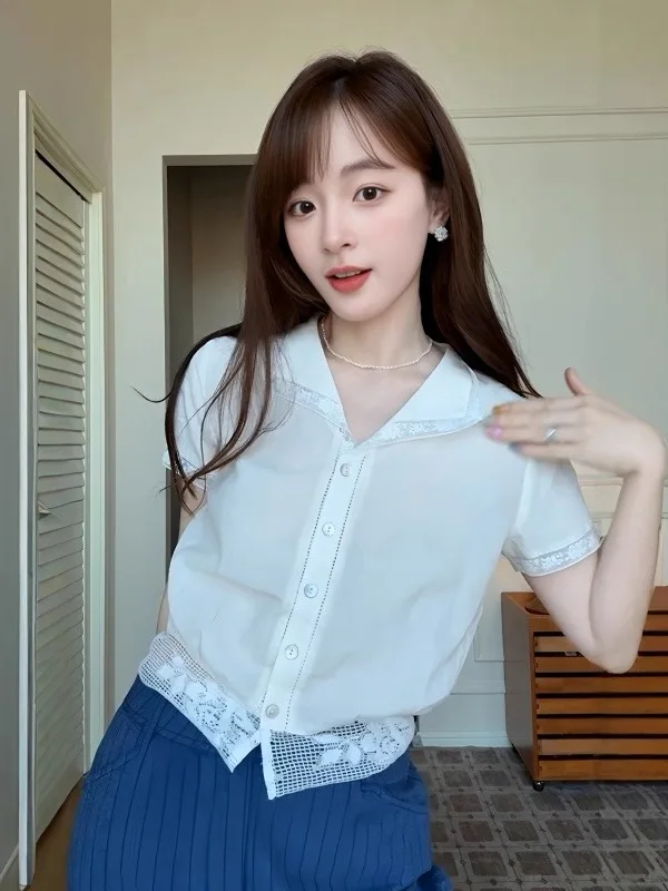 Korean Style Lace Splice Short Sleeve Shirt Women's Summer Unique Beautiful Slimming Top Super Good Looking Commute Shirt
Korean Style Lace Splice Short Sleeve Shirt Women's Summer Unique Beautiful Slimming Top Super Good Looking Commute Shirt