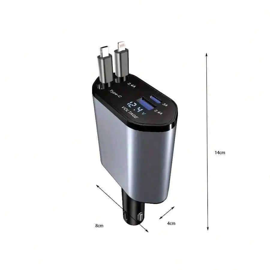 120W 4-Port Car Charger Adapter With Retractable Type-C And Lightning Cables, Fast Charging For All Devices, 14Cm Compact Design
120W 4-Port Car Charger Adapter With Retractable Type-C And Lightning Cables, Fast Charging For All Devices, 14Cm Compact Design