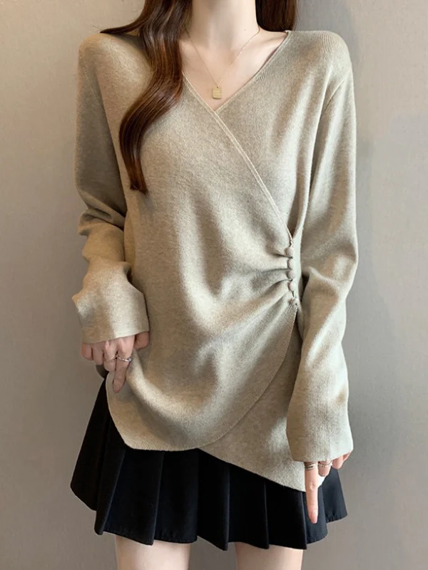 Elegant V-Neck Knitted Sweater Women's plus Size Base Layer Irregular Korean Style Long Sleeve Casual Wear for Early Spring
Elegant V-Neck Knitted Sweater Women's plus Size Base Layer Irregular Korean Style Long Sleeve Casual Wear for Early Spring