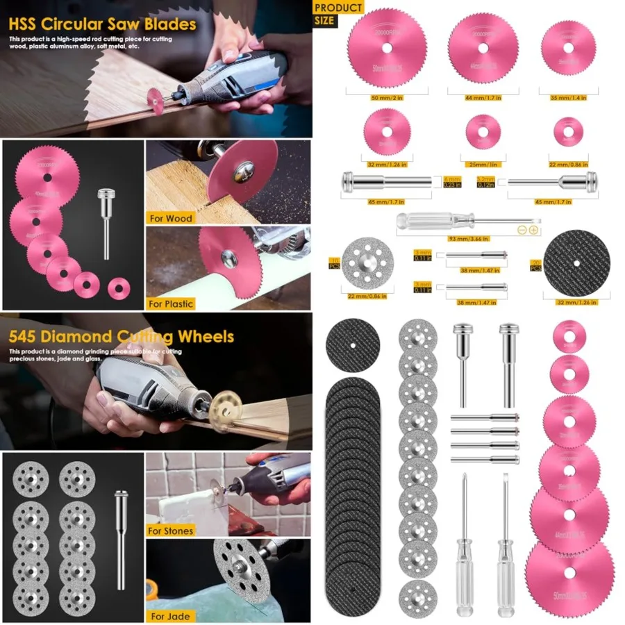 44pcs Cutting Wheel Set Compatible with Plastic for Rotary Tool, HSS Circular Saw Blades 6pcs, Resin Cutting Discs 20pcs, 545 D
44pcs Cutting Wheel Set Compatible with Plastic for Rotary Tool, HSS Circular Saw Blades 6pcs, Resin Cutting Discs 20pcs, 545 D