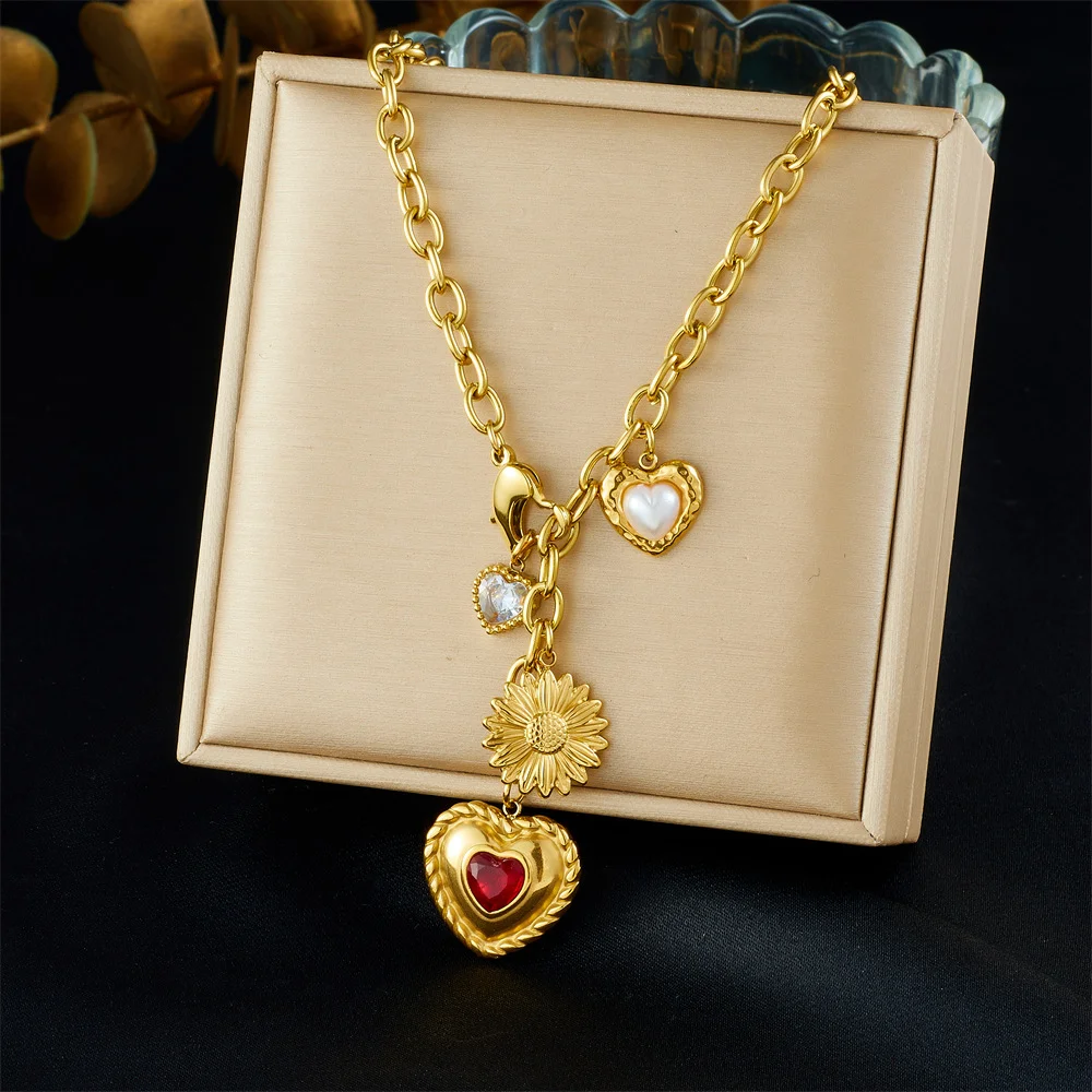 18K Gold Plated Multi-Charm Necklace, Heart & Sunflower Pendant with Pearl & CZ, Removable Charm Cuban Chain Jewelry
18K Gold Plated Multi-Charm Necklace, Heart & Sunflower Pendant with Pearl & CZ, Removable Charm Cuban Chain Jewelry