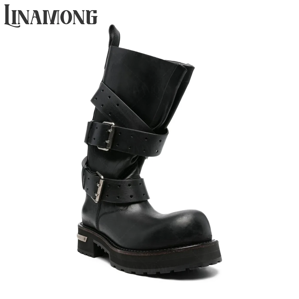 Metallic Plaques Combat Boots Black PU Leather Buckle Straps Knee Boots Exaggerated Round Toe Chunky Sole Belt Buckle Men Boots
Metallic Plaques Combat Boots Black PU Leather Buckle Straps Knee Boots Exaggerated Round Toe Chunky Sole Belt Buckle Men Boots