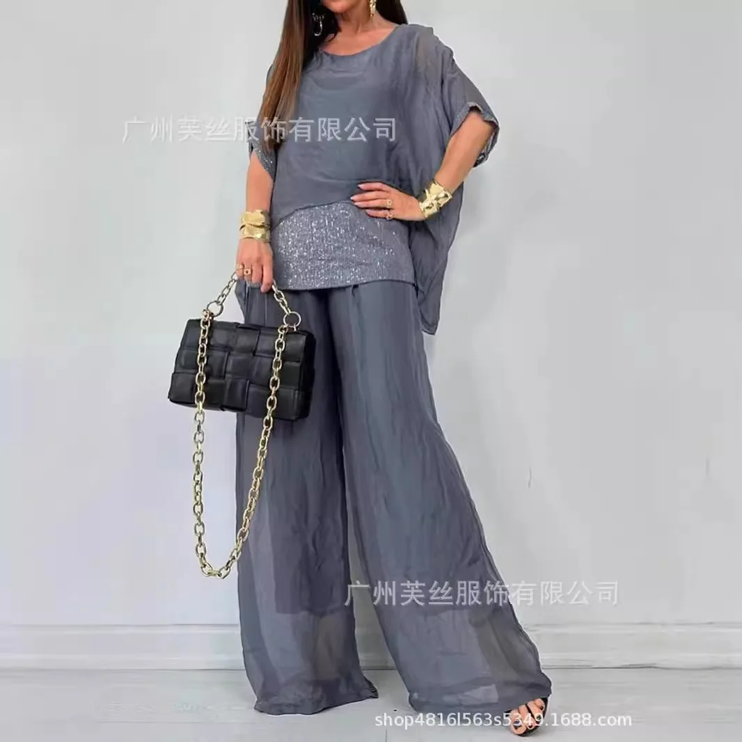 Spring Spliced Sequin Chiffon Suit Women's Casual Round Neck Top Pullover And Wide-leg Trousers Suit Summer Bat Sleeve Suit
Spring Spliced Sequin Chiffon Suit Women's Casual Round Neck Top Pullover And Wide-leg Trousers Suit Summer Bat Sleeve Suit