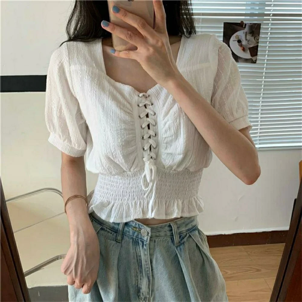 Fashion Puff Short Sleeve Shirt Women All-match Square Collar Lace Up Crop Tops Korean Ruffles Waist Slim Chiffon Blouse New Top
Fashion Puff Short Sleeve Shirt Women All-match Square Collar Lace Up Crop Tops Korean Ruffles Waist Slim Chiffon Blouse New Top