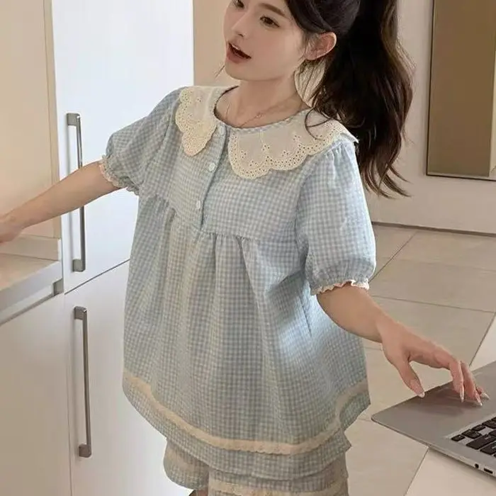 Korean Sle Sweet Cute Doll Collar Women's Summer ort Sve ort Pants Plaid Student Color Colion Lace Home Clothes S...
Korean Sle Sweet Cute Doll Collar Women's Summer ort Sve ort Pants Plaid Student Color Colion Lace Home Clothes S...