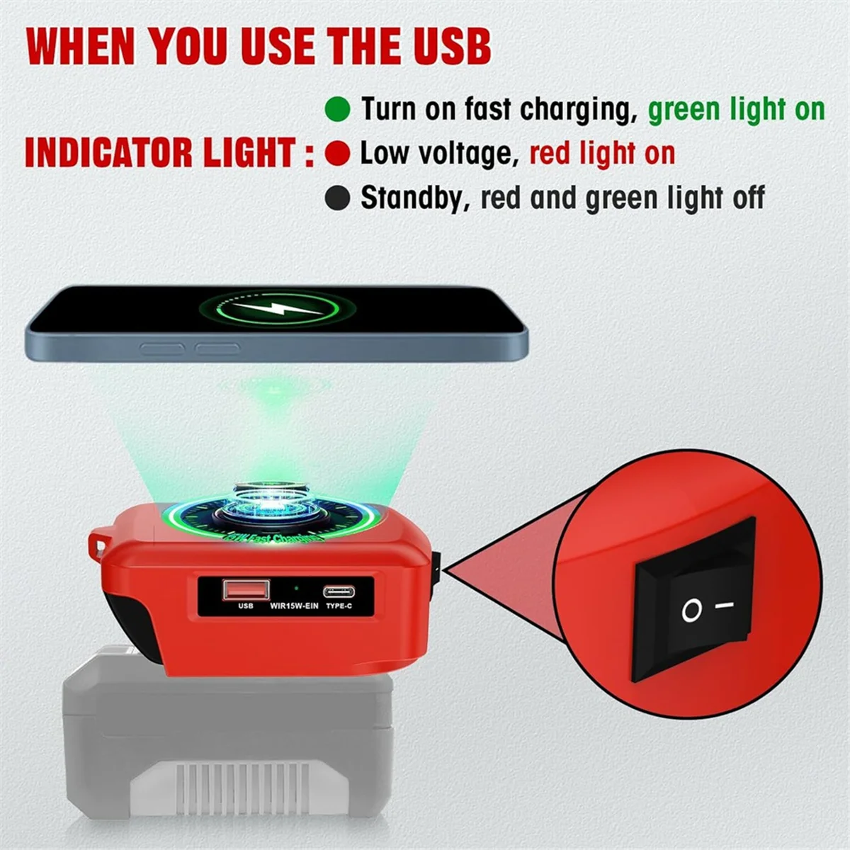 Беспроводное портативное зарядное устройство A83Z для литий-ионной батареи 18 В, быстрое зарядное устройство для телефона мощностью 15 Вт с выходом USB и типа C
Беспроводное портативное зарядное устройство A83Z для литий-ионной батареи 18 В, быстрое зарядное устройство для телефона мощностью 15 Вт с выходом USB и типа C