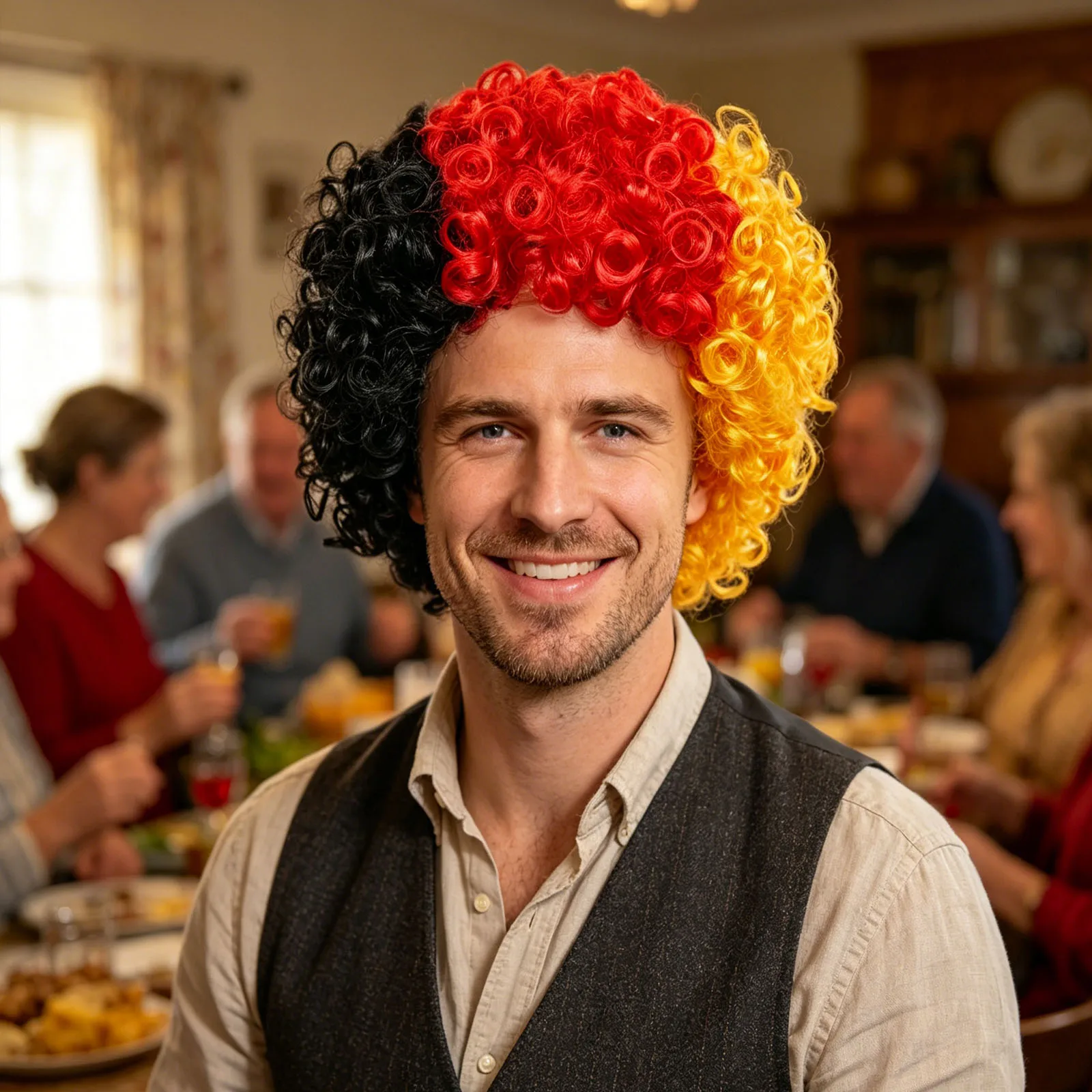 German flag colors black red gold African curly hair wig, mens and women's synthetic short wig, football and sports event party
German flag colors black red gold African curly hair wig, mens and women's synthetic short wig, football and sports event party