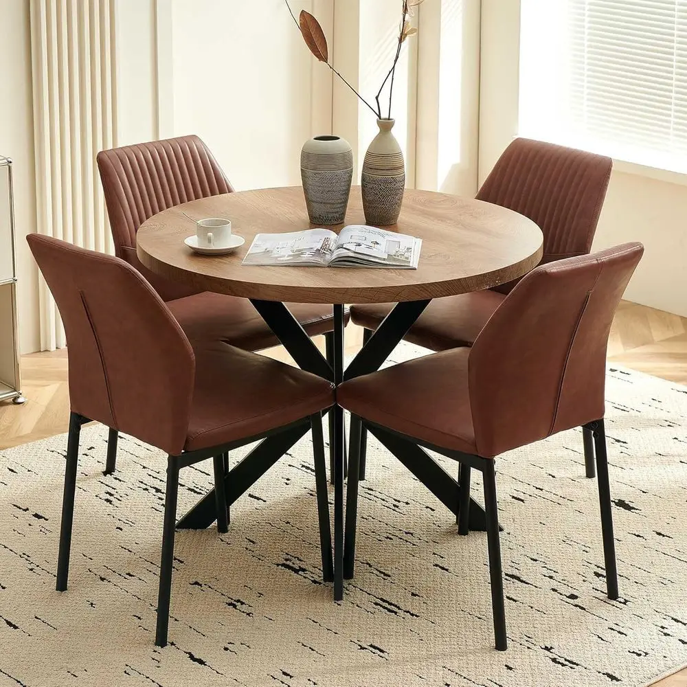 37 Inch Round Dining Table with 4 Chairs - Walnut and Brown Leather Set
37 Inch Round Dining Table with 4 Chairs - Walnut and Brown Leather Set