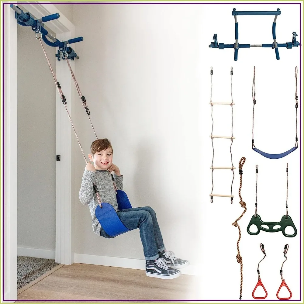 6-Piece Doorway Gym Indoor Playset with Sensory Swing, Pull-Up Bar & Rings, Trapeze, Ladder & Knotted Rope
6-Piece Doorway Gym Indoor Playset with Sensory Swing, Pull-Up Bar & Rings, Trapeze, Ladder & Knotted Rope