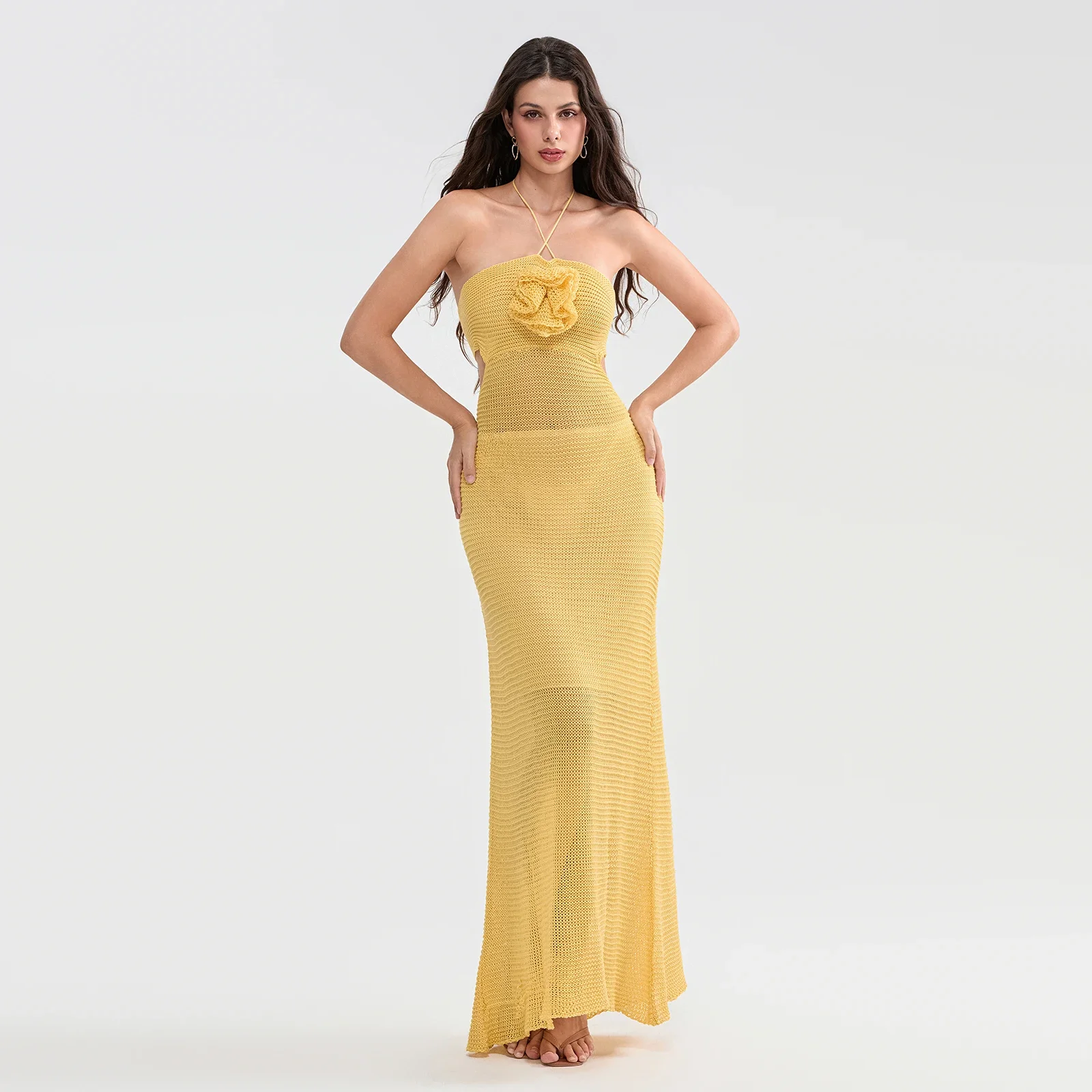 Women Solid Knitted Halter Dress Slim Fit Hollowed Cutout Sleeveless See Through 3D Flower Long Dress
Women Solid Knitted Halter Dress Slim Fit Hollowed Cutout Sleeveless See Through 3D Flower Long Dress