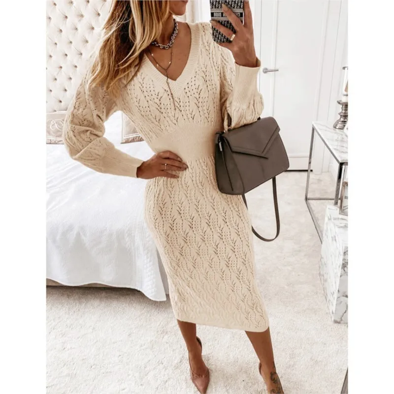 New Fashion Knitted Slim Dress Long-sleeved V-neck Women's Slim Waist Elegant Fashion Pinhole Hip-covering Sweater Dress Female
New Fashion Knitted Slim Dress Long-sleeved V-neck Women's Slim Waist Elegant Fashion Pinhole Hip-covering Sweater Dress Female