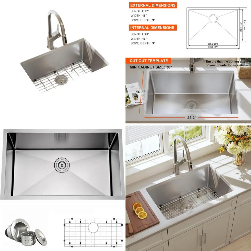 Кухонная мойка из нержавеющей стали ручной работы, 27 дюймов, с нижним креплением, одинарная чаша, с сифоном и решеткой
Кухонная мойка из нержавеющей стали ручной работы, 27 дюймов, с нижним креплением, одинарная чаша, с сифоном и решеткой
