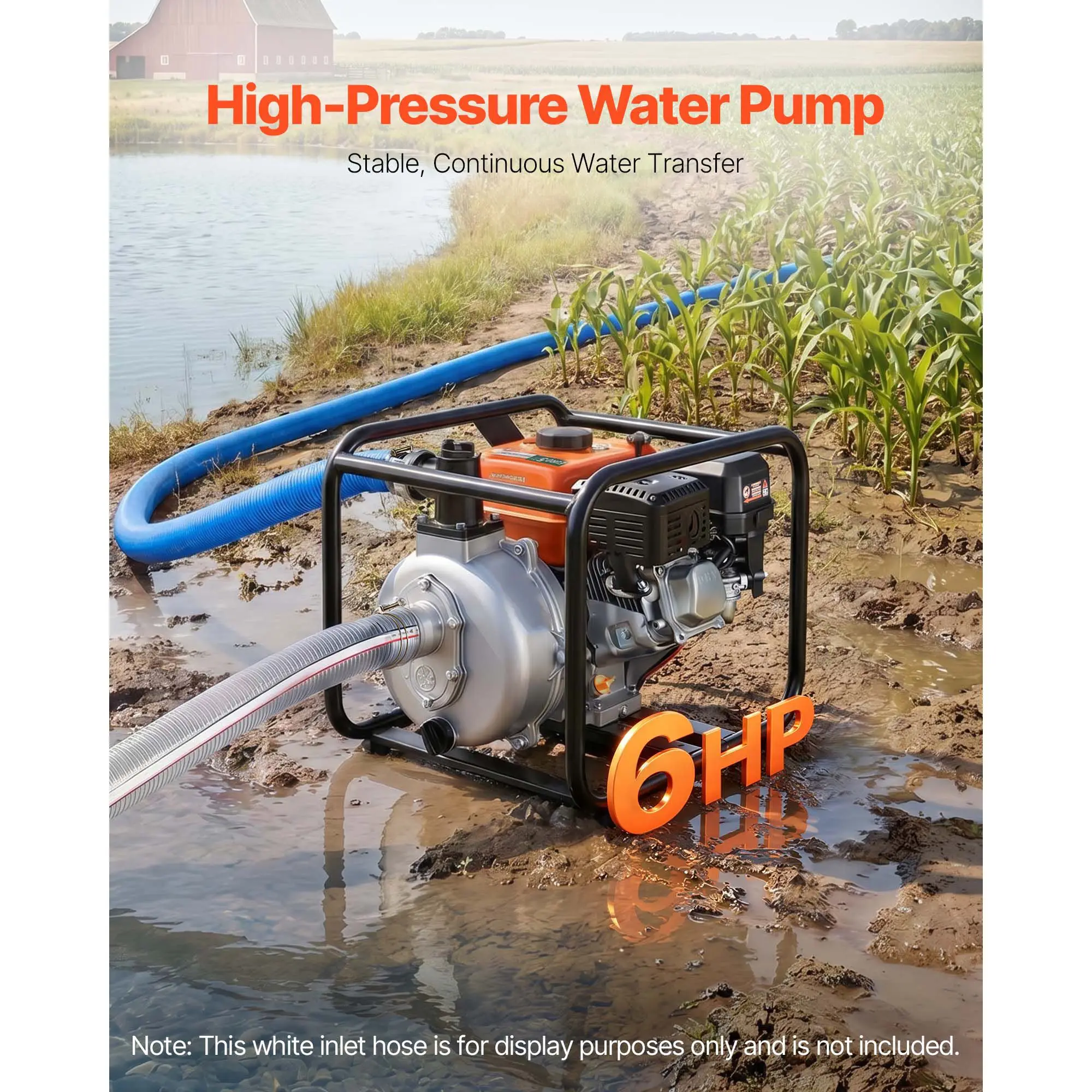 Gas Powered Water Pump, 2 in, 128 GPM 6HP Semi Trash Water Transfer Pump Portable, Gasoline Engine with 25 ft Discharge Hose, Heavy Duty Frame, Cast Iron Impeller, for Irrigation, Ponds, Pools
Gas Powered Water Pump, 2 in, 128 GPM 6HP Semi Trash Water Transfer Pump Portable, Gasoline Engine with 25 ft Discharge Hose, Heavy Duty Frame, Cast Iron Impeller, for Irrigation, Ponds, Pools