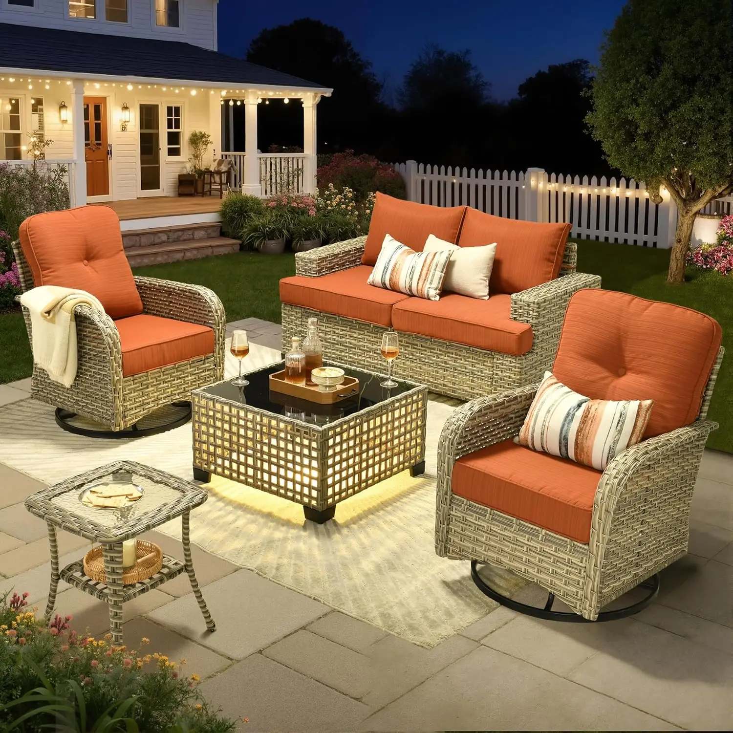 6pc Rattan Patio Furniture Set Swivel Chairs LED Coffee Table Outdoor Conversation Orange Red, Customized
6pc Rattan Patio Furniture Set Swivel Chairs LED Coffee Table Outdoor Conversation Orange Red, Customized