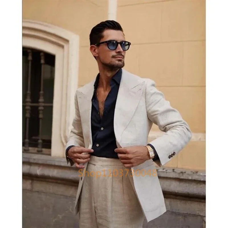 Beige Linen Men Suits Peak Lapel Slim Fit Jacket Summer Groom Tuxedos 2 Piece Blazer Pants Sets Wedding Prom Party Costume Homme
Beige Linen Men Suits Peak Lapel Slim Fit Jacket Summer Groom Tuxedos 2 Piece Blazer Pants Sets Wedding Prom Party Costume Homme