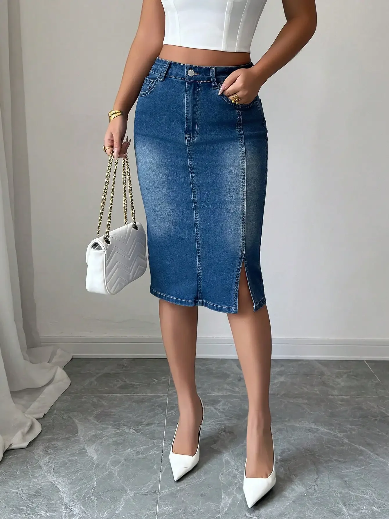 Slim Fit Denim Pencil Skirt with Side Slit, Knee-Length, Stretchy Blue
Slim Fit Denim Pencil Skirt with Side Slit, Knee-Length, Stretchy Blue