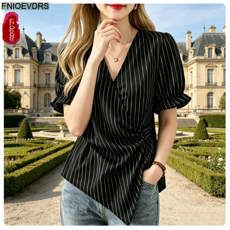 French Design Black Striped Shirts New Summer 2026 Woman Office Lady Short Sleeve Slim Waist Peplum Tops Blouses
French Design Black Striped Shirts New Summer 2026 Woman Office Lady Short Sleeve Slim Waist Peplum Tops Blouses