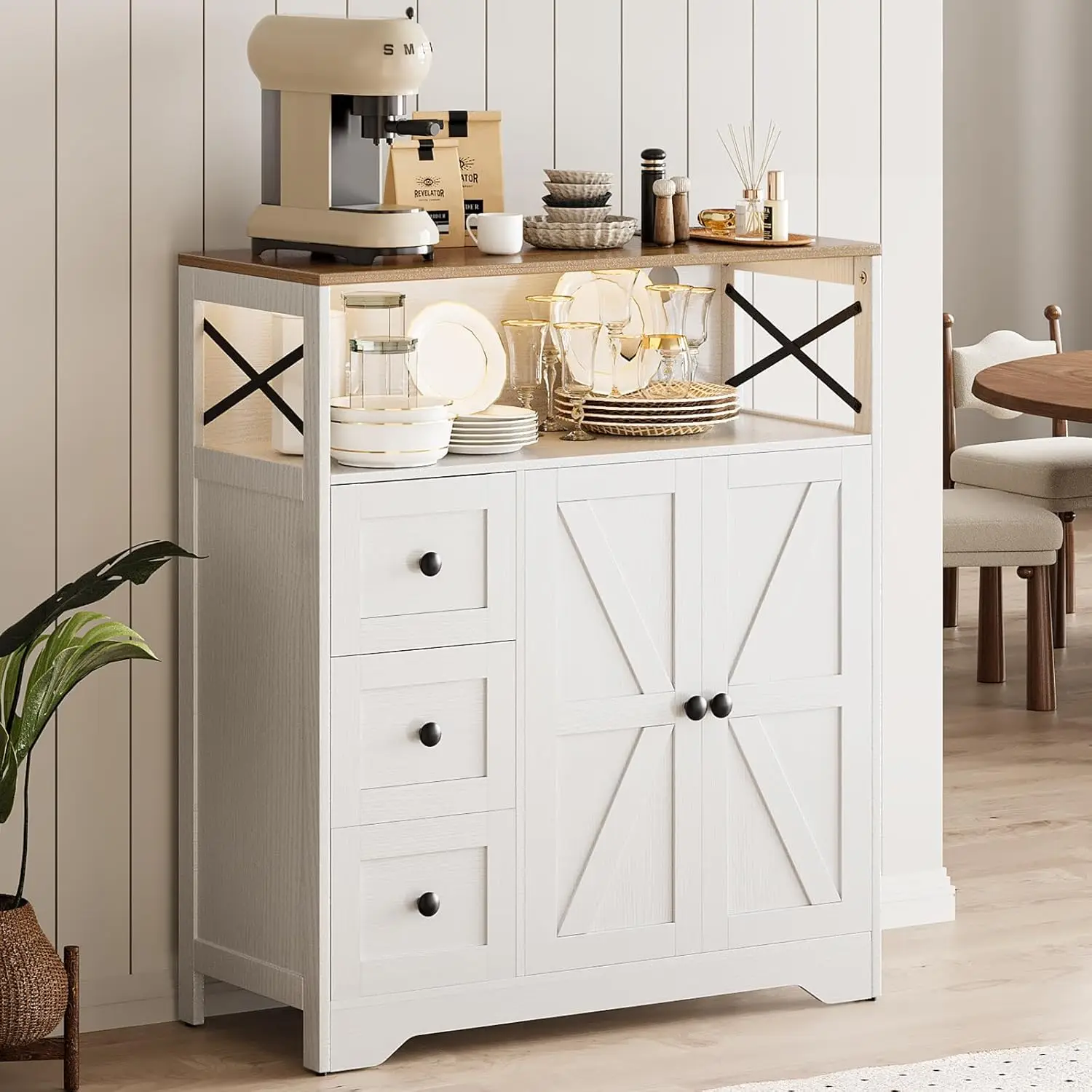 Farmhouse LED storage cabinet with doors and shelves, drawers and power sockets
Farmhouse LED storage cabinet with doors and shelves, drawers and power sockets
