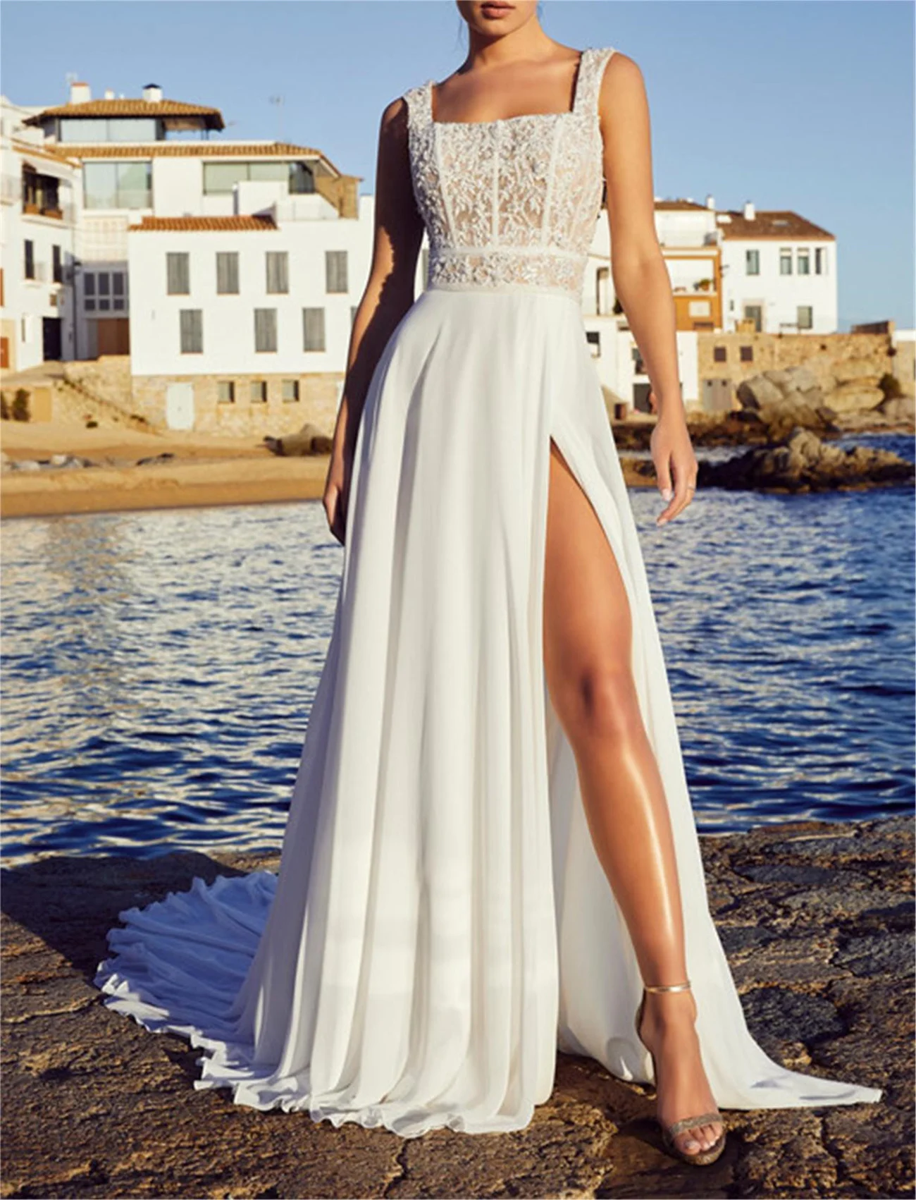 Classic White Wedding Dress For Woman Lace Appliqué-Chiffon Prom Party Gown Simple Square Neck Sleeveless Sexy Split Backless
Classic White Wedding Dress For Woman Lace Appliqué-Chiffon Prom Party Gown Simple Square Neck Sleeveless Sexy Split Backless