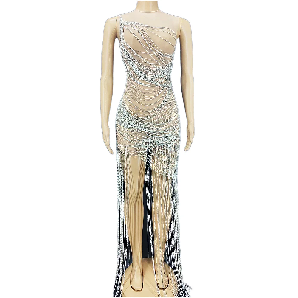 Shining Rhinestones Chain Hollow Out Sexy Women Sleeveless Dress Nightclub Party Clothing DJ Prom Dance Stage Costumes
Shining Rhinestones Chain Hollow Out Sexy Women Sleeveless Dress Nightclub Party Clothing DJ Prom Dance Stage Costumes