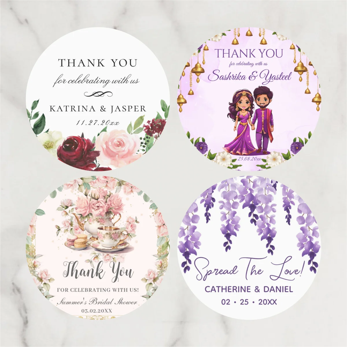Customized wedding thank-you circular stickers, suitable for occasions such as weddings, birthdays, baptisms, and anniversaries.
Customized wedding thank-you circular stickers, suitable for occasions such as weddings, birthdays, baptisms, and anniversaries.