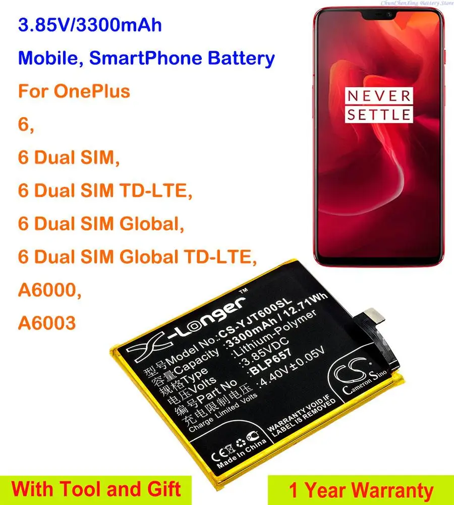 Cameron Sino 3300mAh Mobile Phone Battery BLP657 for OnePlus 6, 6 Dual SIM, 6 Dual SIM Global, 6 Dual SIM TD-LTE, A6000, A6003
Cameron Sino 3300mAh Mobile Phone Battery BLP657 for OnePlus 6, 6 Dual SIM, 6 Dual SIM Global, 6 Dual SIM TD-LTE, A6000, A6003