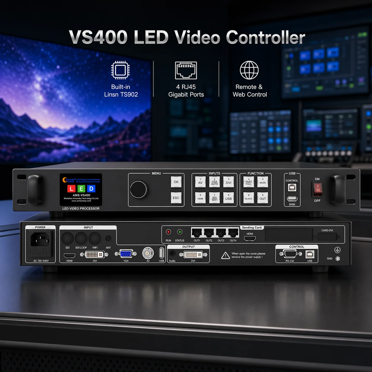 LED-видеоконтроллер VS400, 5 каналов, встроенный Linsn TS902, 4 порта Gigabit RJ45, выход DVI, удаленное управление, веб-управление
LED-видеоконтроллер VS400, 5 каналов, встроенный Linsn TS902, 4 порта Gigabit RJ45, выход DVI, удаленное управление, веб-управление