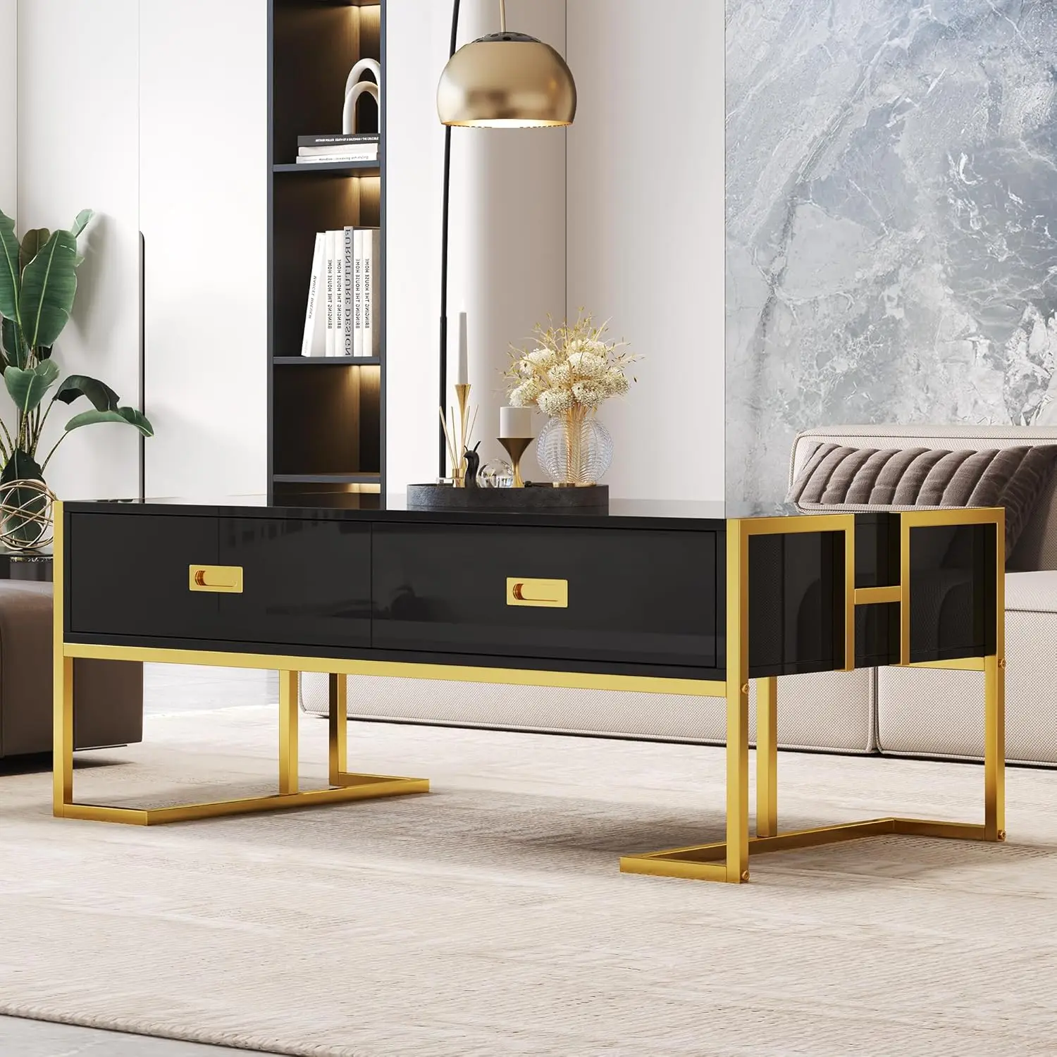 Black Rectangular Coffee Table 4 Drawers Gold Base 47.3", Customized
Black Rectangular Coffee Table 4 Drawers Gold Base 47.3", Customized
