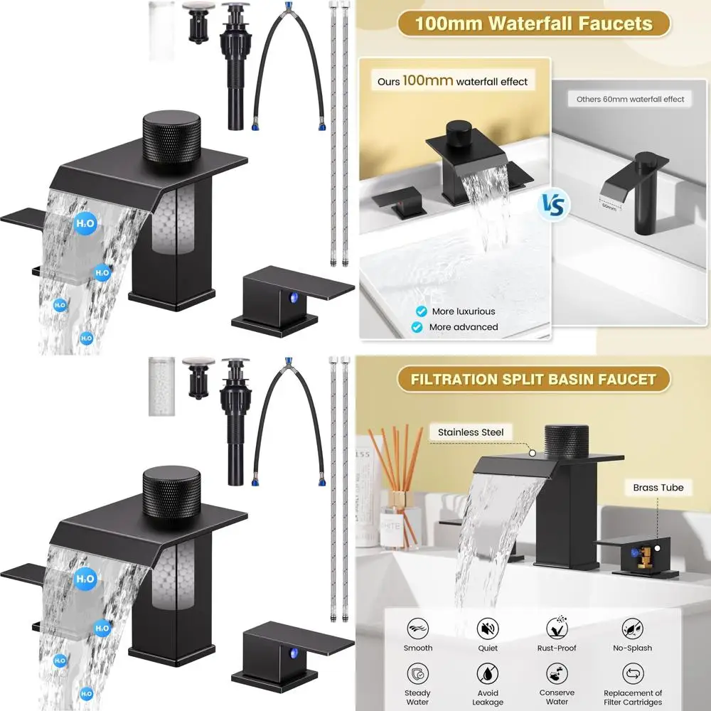 8 Matte Black 3-Hole Waterfall Faucet with Filter, Metal Pop-Up Drain & Hoses for Vanity and Restroom Sinks
8 Matte Black 3-Hole Waterfall Faucet with Filter, Metal Pop-Up Drain & Hoses for Vanity and Restroom Sinks