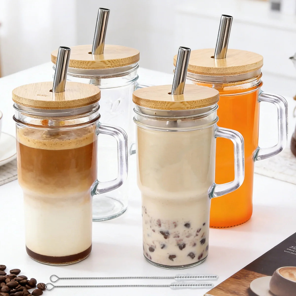 2/4 Pack Glass Cups with Lids and Straws, 24oz Glass Tumbler With Handle, Reusable Cup with Lids-Mason Jar for Cold & Hot Drinks
2/4 Pack Glass Cups with Lids and Straws, 24oz Glass Tumbler With Handle, Reusable Cup with Lids-Mason Jar for Cold & Hot Drinks