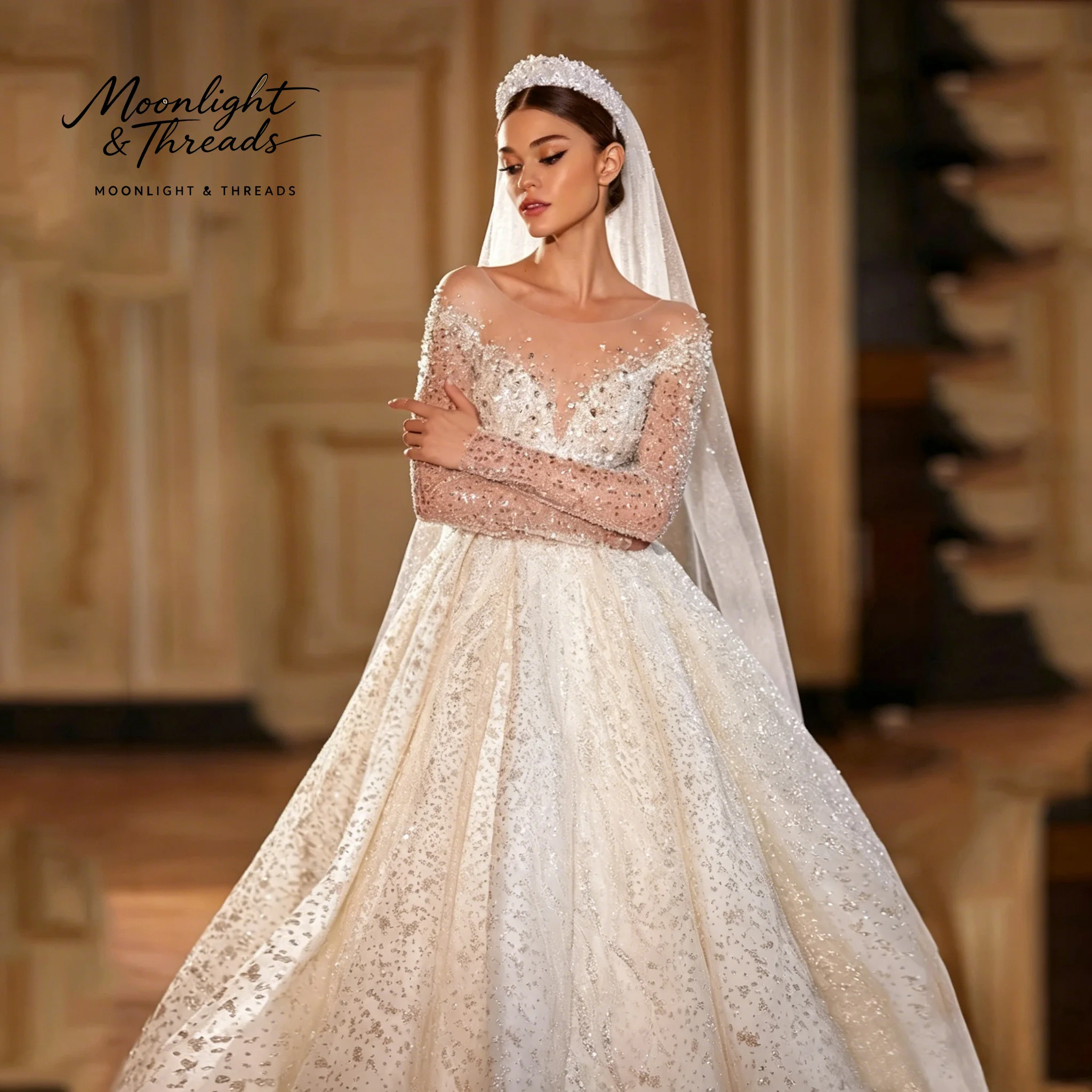 Stunning ivory crepe strapless long-sleeve formal wedding gown with a voluminous floor-length skirt and sequin embellishments
Stunning ivory crepe strapless long-sleeve formal wedding gown with a voluminous floor-length skirt and sequin embellishments