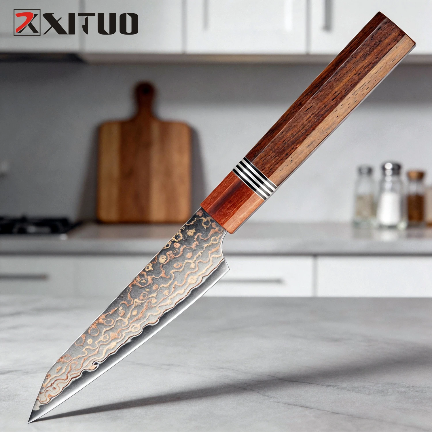 XITUO Utility Knife 5 Inch, 37-layer Copper Damascus Steel Sharp Kitchen Chef Knife for Paring Fruit,Vegetables, Rosewood Handle
XITUO Utility Knife 5 Inch, 37-layer Copper Damascus Steel Sharp Kitchen Chef Knife for Paring Fruit,Vegetables, Rosewood Handle